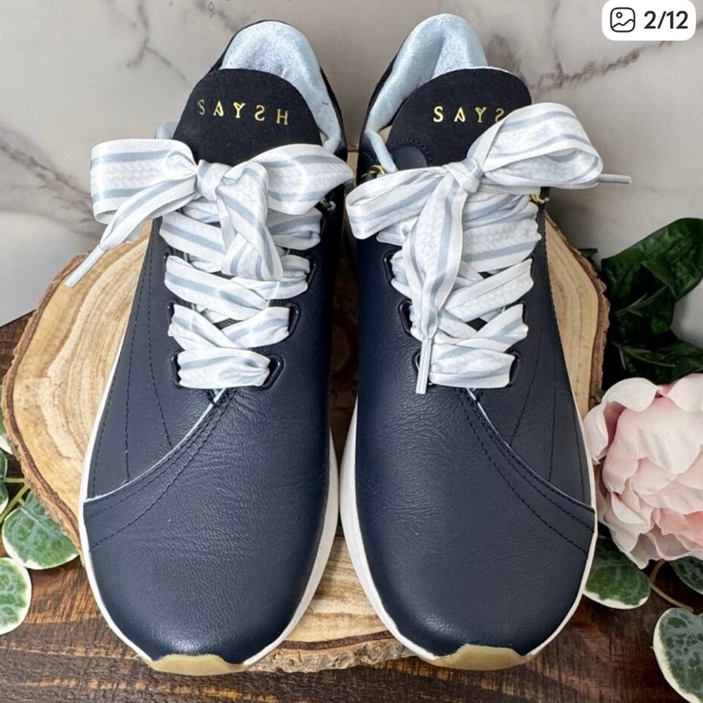 NWOT Athleta Saysh Two Sneaker Navy Blue Leather w/ Satin Ribbon Laces, Size 8